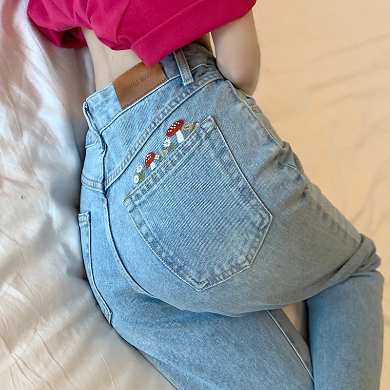 Quần Denim Ống Suông Lưng Cao Thêu Hình Nấm Phong Cách Mới Mùa Hè 52328