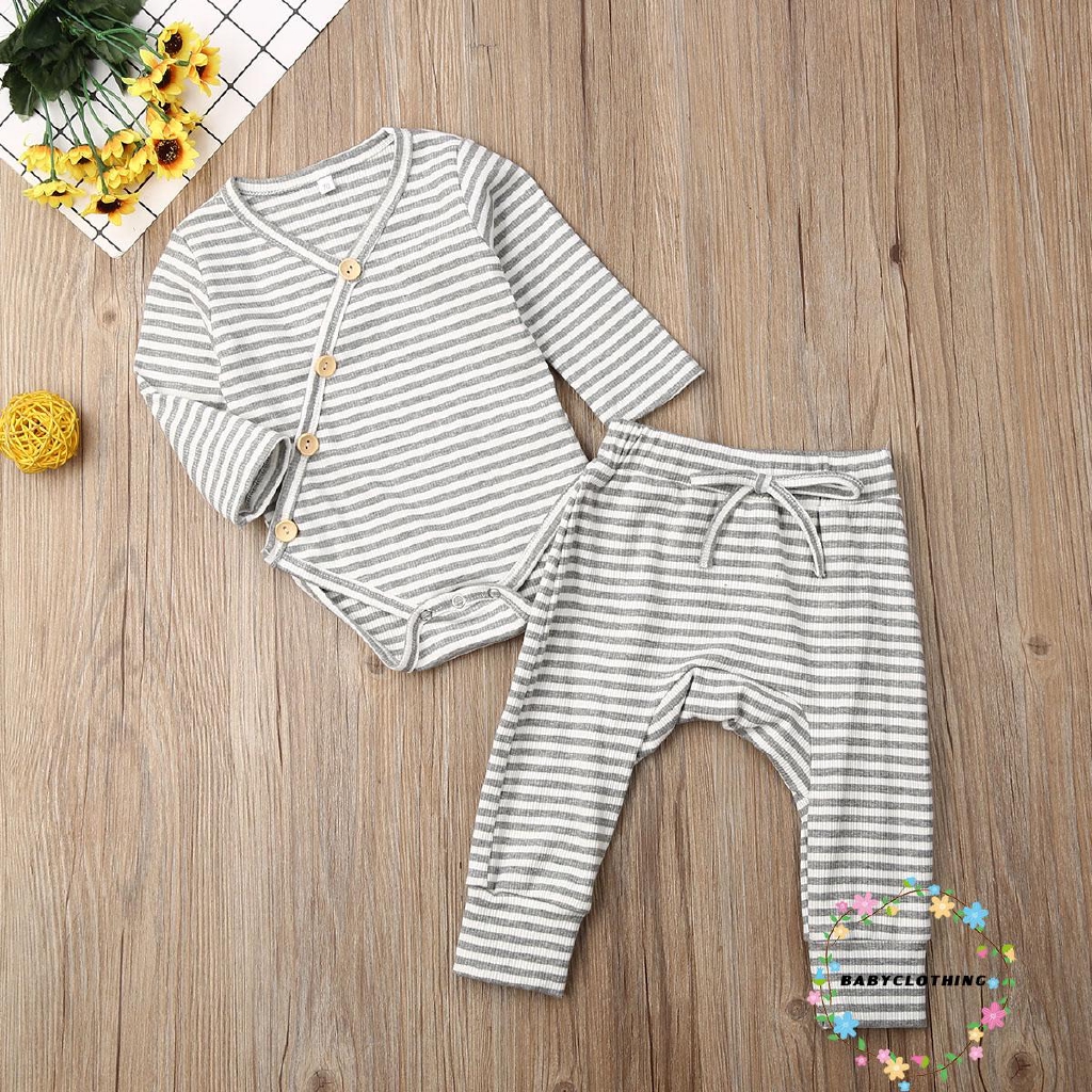Set áo liền quần + quần dài kẻ sọc phối nút dễ thương cho bé