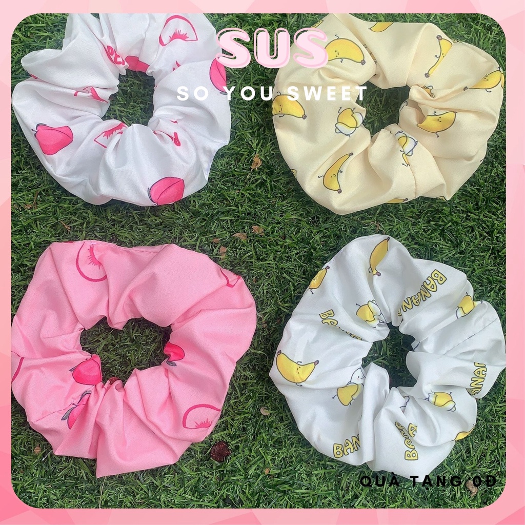 Dây buộc tóc, cột tóc scrunchies xốp hoạ tiết bơ dâu freeship 1k giá rẻ bán sĩ