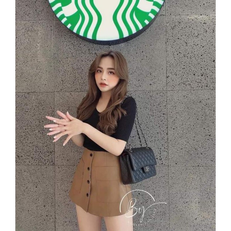 Chân váy da 2 nắp túi