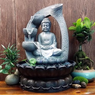 Thác nước phong thủy mini để bàn đức phật tổ như lai tọa thiền đài sen tặng kèm máy bơm