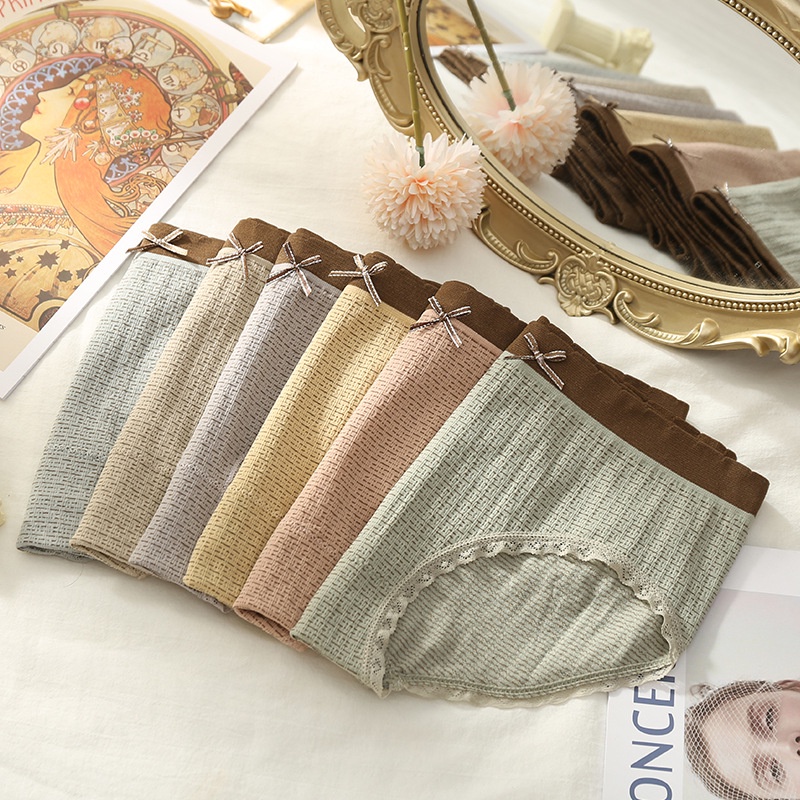 Quần lót nữ viền ren đính nơ, Quần lót cotton cao cấp, cạp vừa SAVILL LQ14