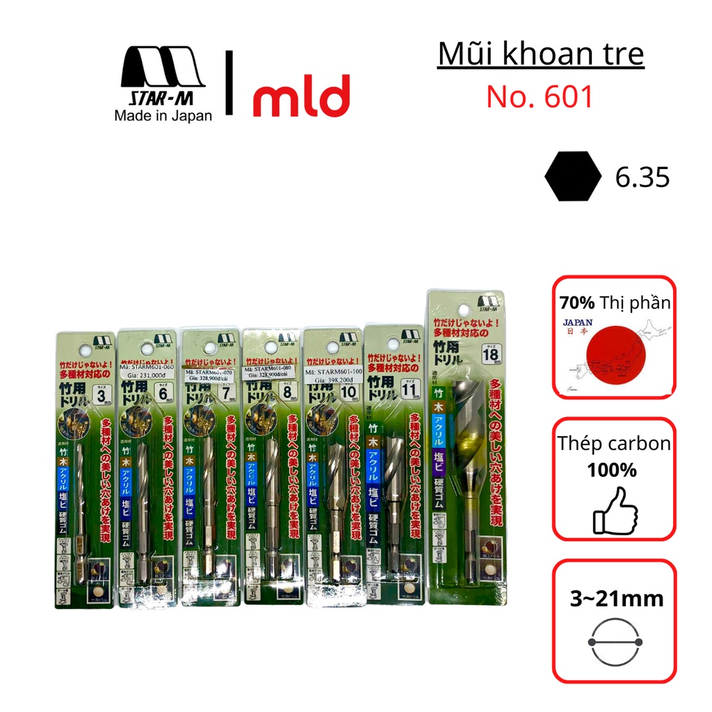Mũi khoan tre, trúc Thương hiệu: Star-M, Series 601, Thép Carbon 100%, 3-21mm [MADE IN JAPAN]
