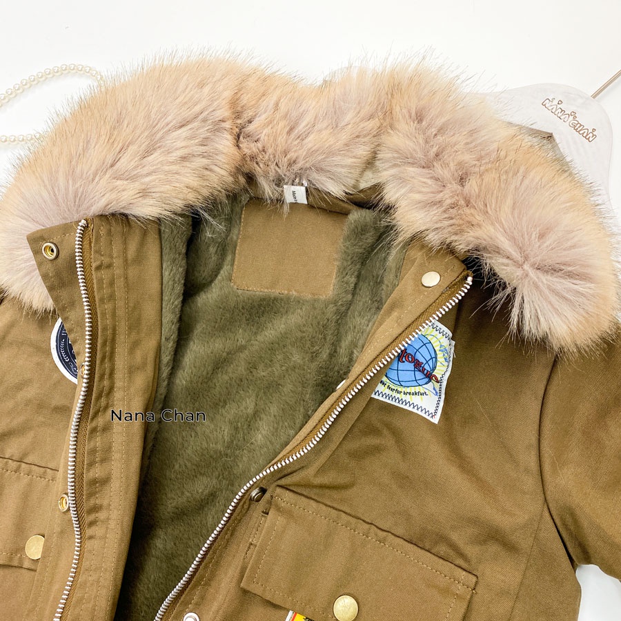 AG357 - Áo khoác cho bé nâu cổ lông sz 90-140, áo khoác trẻ em lót lông