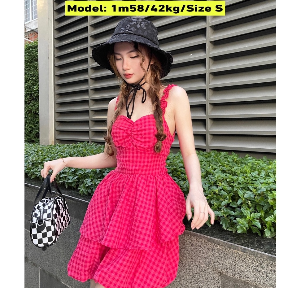 Jumpsuit 2 Dây Caro Thắt Nơ Ngực Xếp Tầng - HÀNG CÓ SẴN