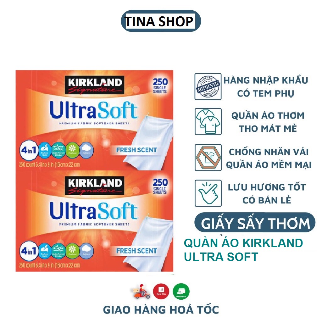 Giấy thơm quần áo kirkland ultra soft của Mỹ, giấy sấy quần áo làm phẳng quần áo nguyên hộp 250 tờ