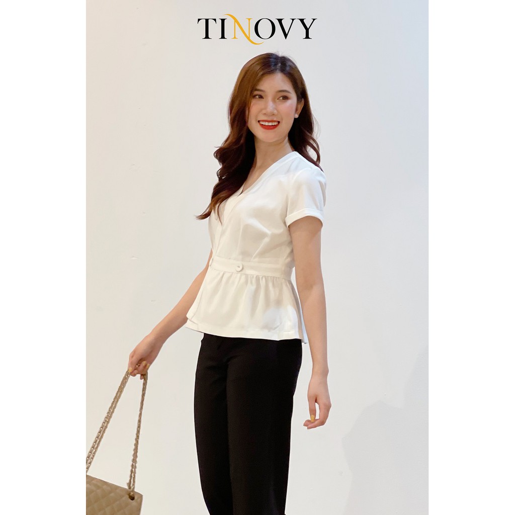 Áo kiểu tay dài cổ tim nẹp cài đan chần chỉ cho nữ công sở TINOVY H0192