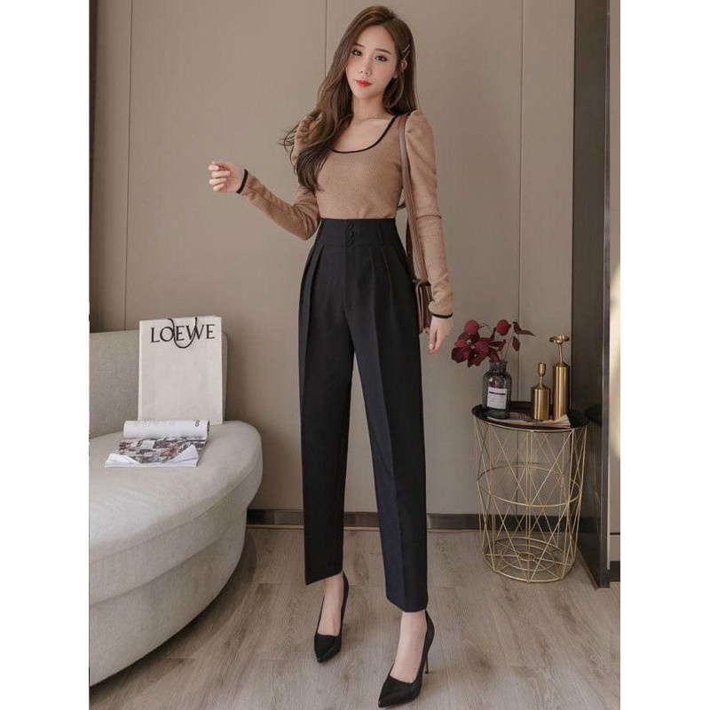 Quần baggy cạp cao 3 khuy, quần tây nữ lưng cao cạp liền công sở, đi học, đi chơi basic