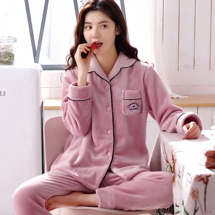 Bộ đồ ngủ vải nhung san hô dày dặn giữ ấm mùa thu đông phong cách Hàn Quốc | BigBuy360 - bigbuy360.vn