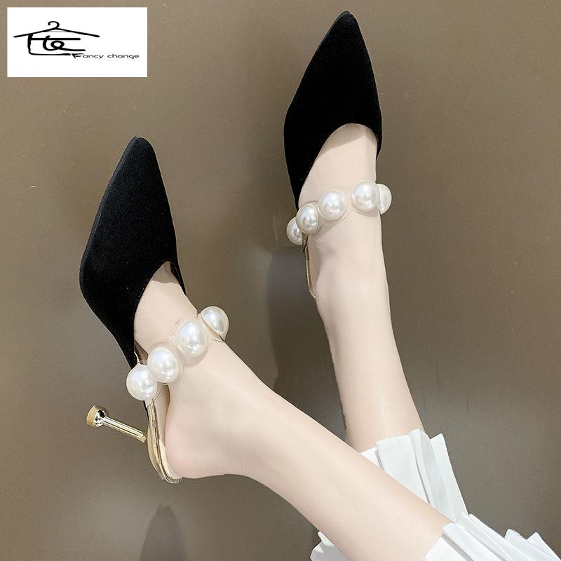 Dép Sandal Cao Gót Mũi Nhọn Phối Dây Ngọc Trai Thời Trang Mùa Hè Dành Cho Nữ