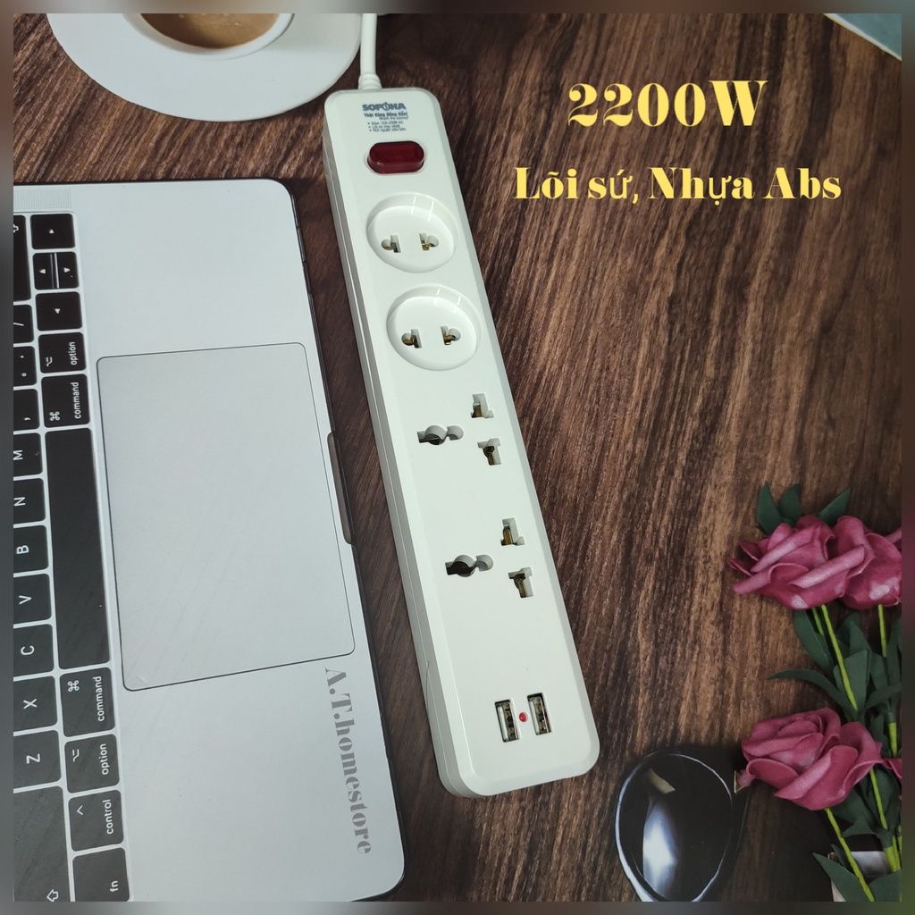 Ổ cắm điện đa năng SOPOKA 2200W Có USB 27W 4U2 kèm dây dẫn, Có công tắc an toàn