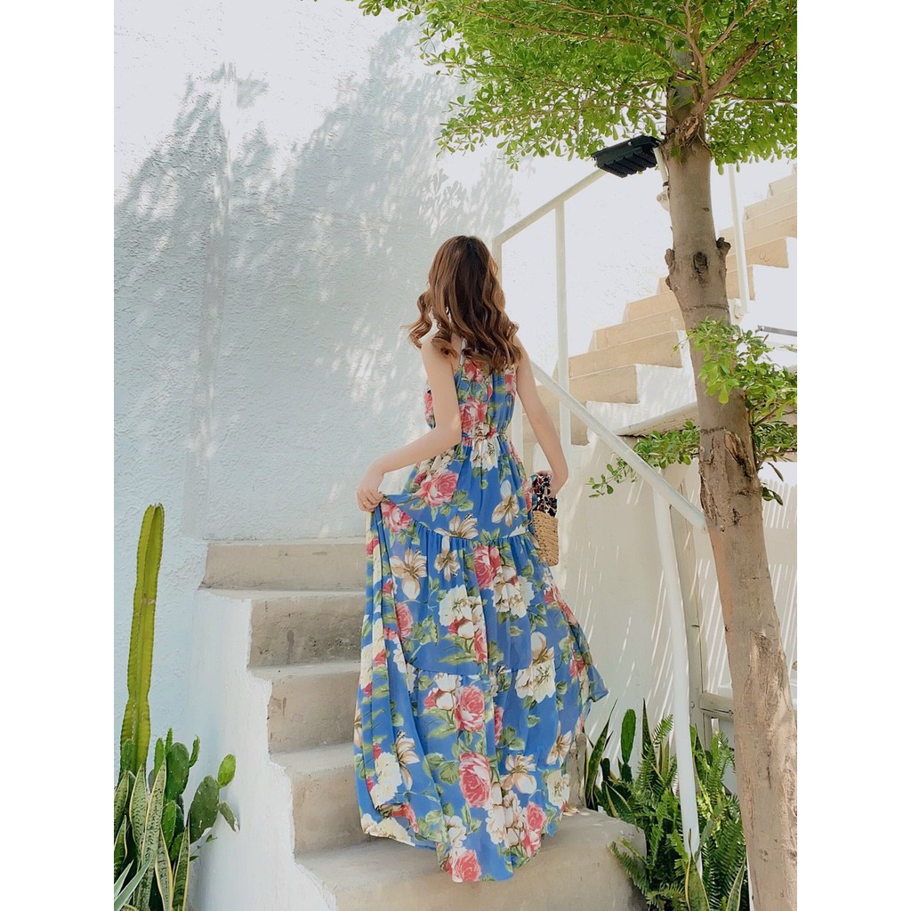 Maxi 2 dây yếm hoa xếp tầng phối eo bo chun siêu sang nun nha | BigBuy360 - bigbuy360.vn