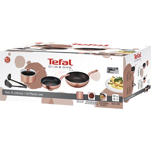 Bộ nồi chảo 6 món Tefal Cook&amp;Shine (Chảo 24/Chảo xào 28/Quánh 18/Sạn/Vá) G803S695 - Hàng chính hãng