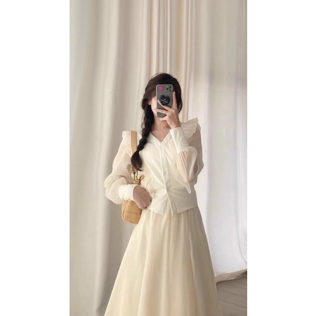 SET ÁO VOAN TƠ BÈO TD  + CHÂN VÁY MIDI NHỌN NUDE