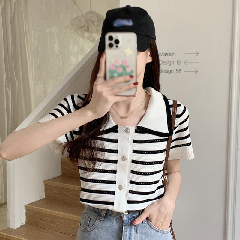 Áo Dệt Kim Tay Ngắn Kẻ Sọc Đục Lỗ Thoáng Khí Kiểu Hàn Quốc Cá Tính