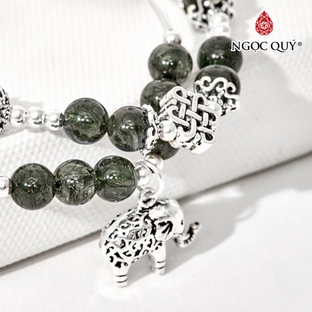 Vòng tay 2 line TA tóc xanh phối charm voi bạc 6mm - Ngọc Quý