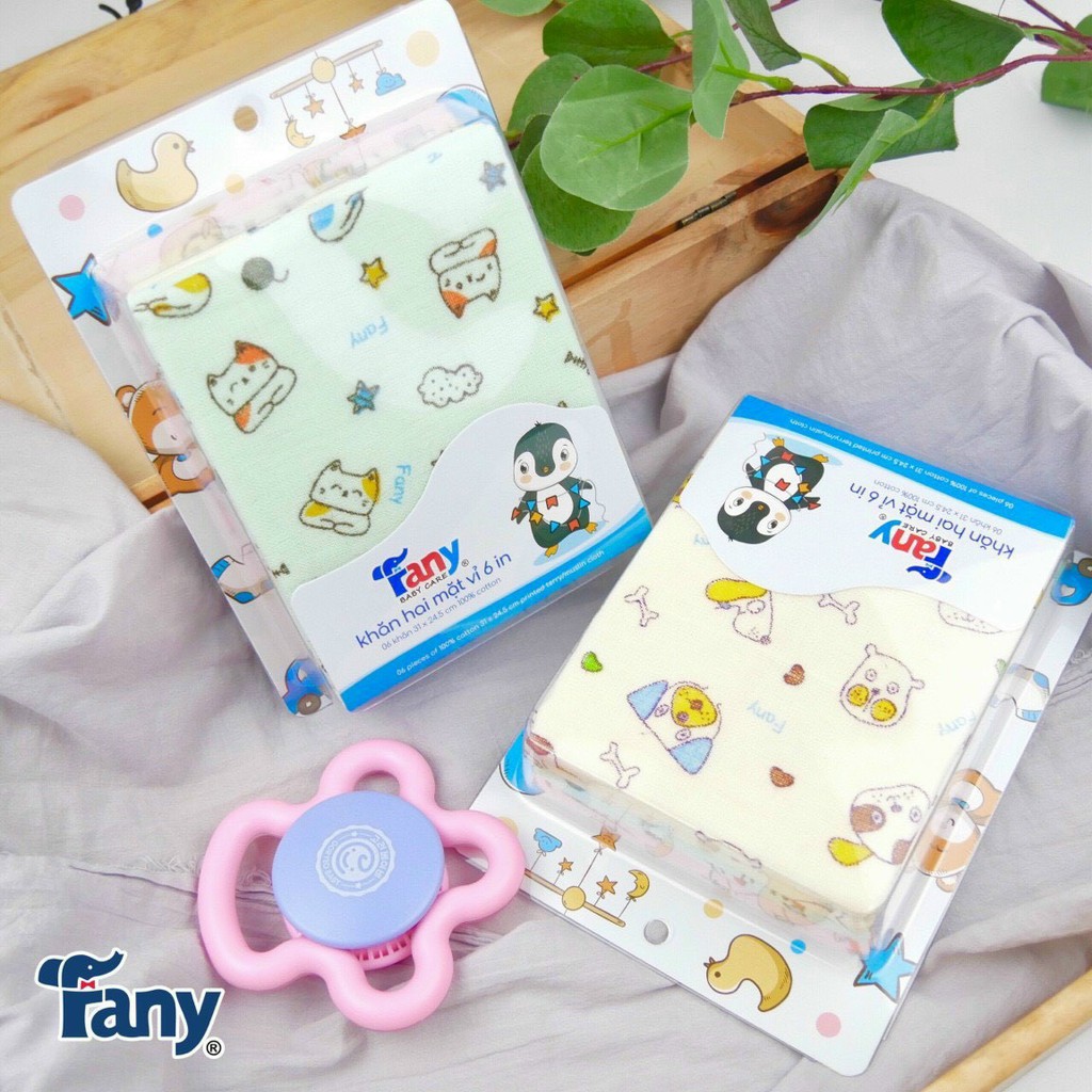 Khăn Sữa Cho Bé Khăn 2 Mặt Dòng Cao Cấp In Hình Họa Tiết, hàng cty Fany 100% cotton 6 khăn/ 1 hộp