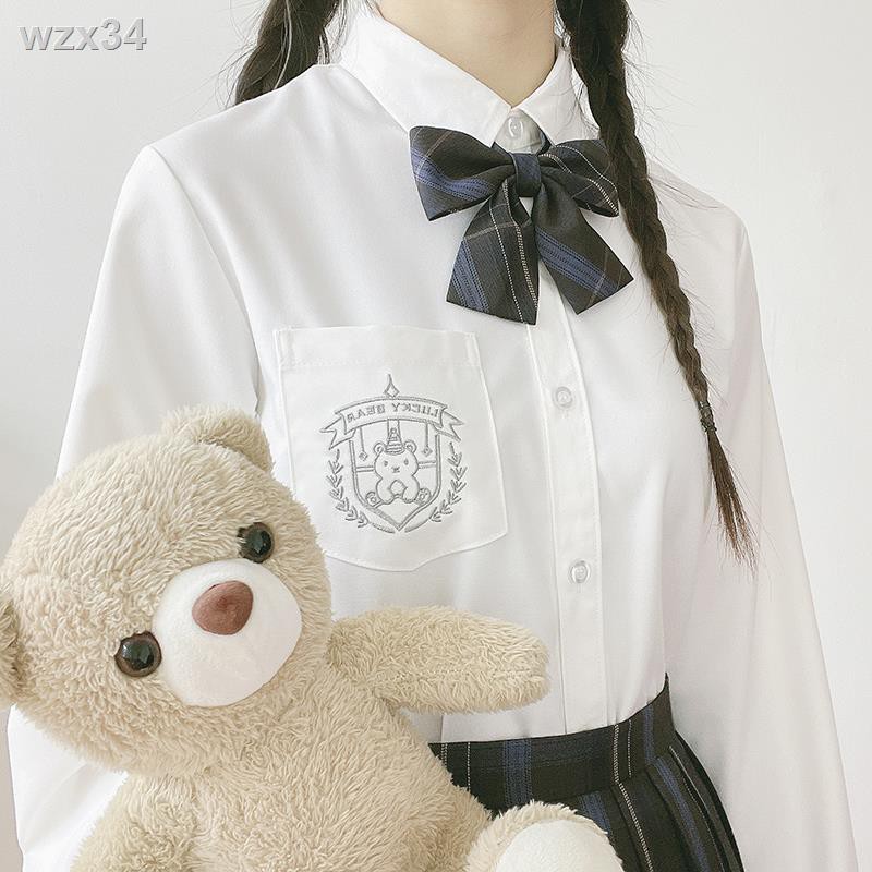 gấu may mắn Đồng phục JK thêu áo nữ sinh dài tay ngắn phong cách Nhật Bản cơ với sơ mi đen trắng kem