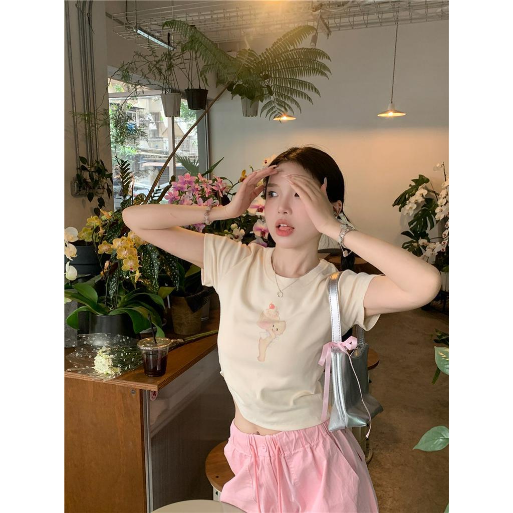 Áo Thun Tay Ngắn Trễ Vai In Hình Bánh Ngọt Ngào Và Thiên Thần Nhỏ Dễ Thương Cho Nữ