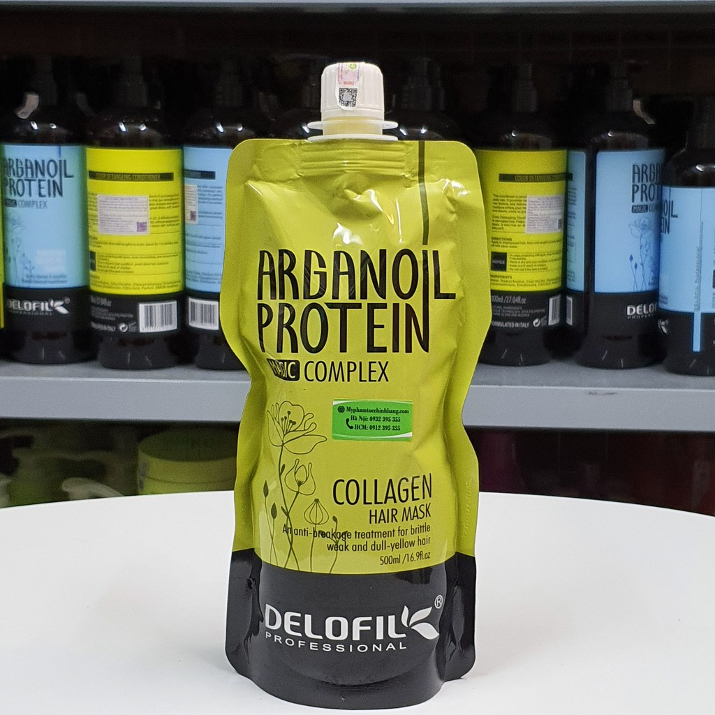 DELOFIL- DẦU HẤP Ủ TÓC PHỤC HỒI DƯỠNG ẨM COLLAGEN DELOFIL ARGANOIL PROTEIN SIÊU MƯỢT 500ML(TÚI)