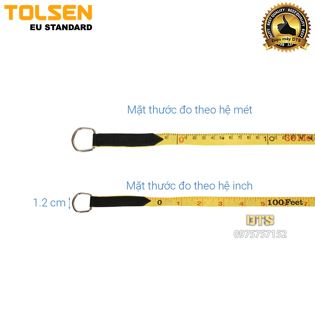 Thước dây cuộn 30m công nghiệp sợi thuỷ tinh TOLSEN, thước cuốn đa năng nhựa ABS bọc cao su siêu bền, tốc độ cuốn nhanh