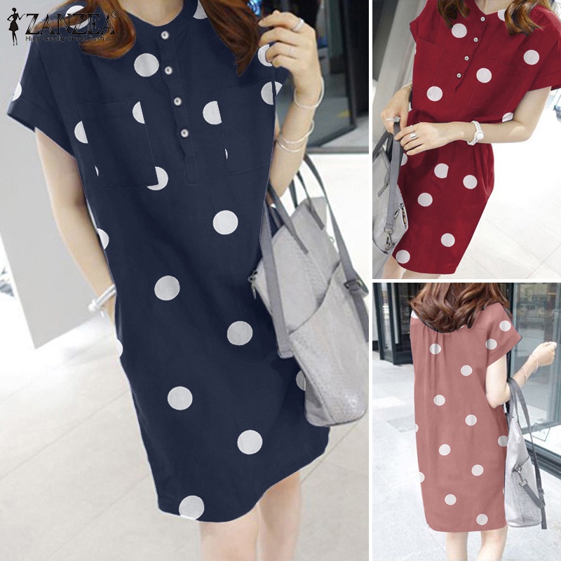 Đầm ZANZEA dáng dài qua gối tay ngắn cổ tròn in họa tiết chấm bi phối túi thời trang tùy chọn màu sắc dành cho nữ