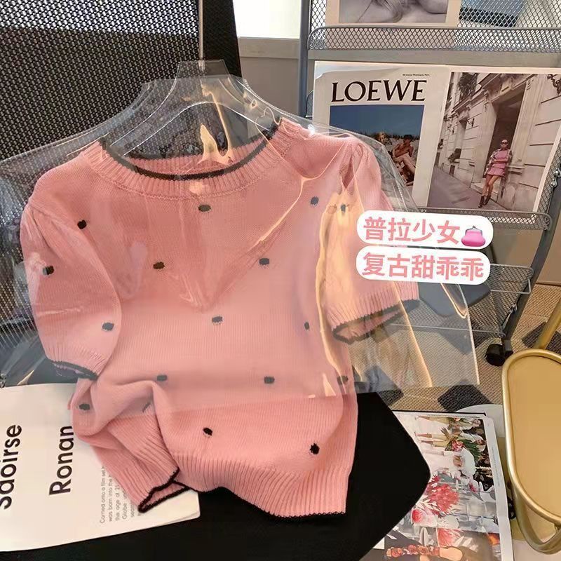 Áo Sweater Dệt Kim Tay Ngắn Họa Tiết Chấm Bi Dáng Ôm Thời Trang Mới Cho Nữ