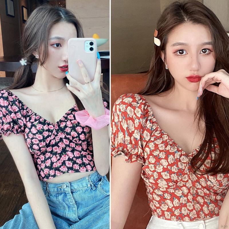 sơmi nữ Áo sơ mi Women's Fashion Small Floral Print V-Neck Sexy Crop tops Sweet Short Sleeve Chiffon Shirt Blouse Tops Tee