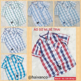 SIZE ĐẠI ÁO SƠ MI BÉ TRAI KATE COTTON SỌC CA RÔ NGẮN TAY thoáng mát mềm mịn haivanco từ 25 đến 35 kg màu tươi sáng