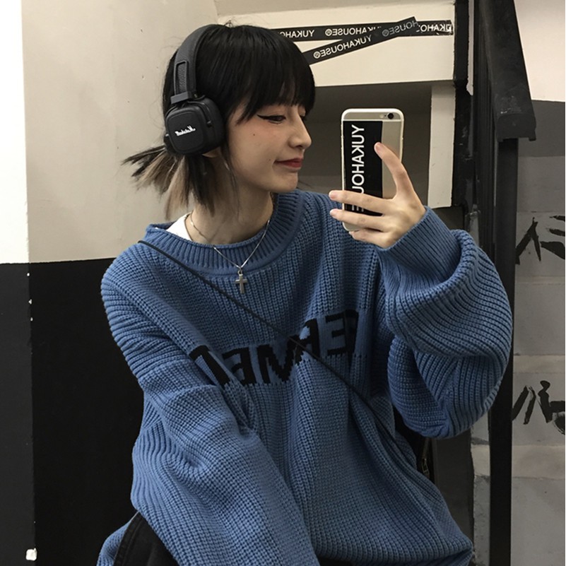 Áo sweater len nữ form rộng, áo len sweater nữ oversize màu xanh đen thời trang Exozem ulzzang hàn quốc | BigBuy360 - bigbuy360.vn