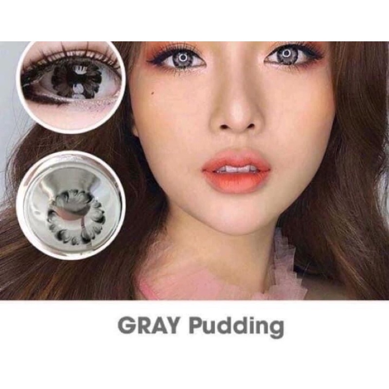 Lens mắt (kính áp tròng) xám đen hoạ tiết hoa Pudding gray lén giãn to sử dụng 1 năm