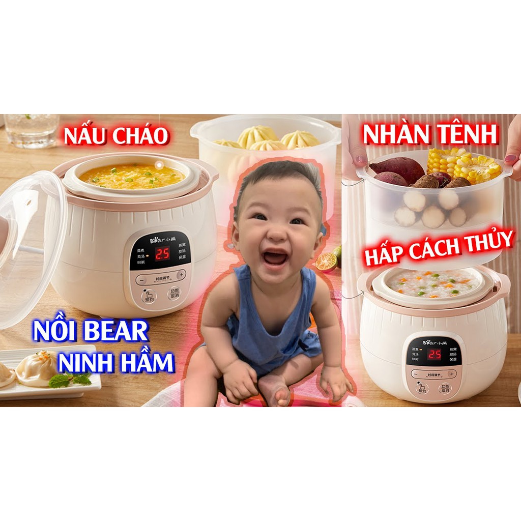 Nồi nấu cháo chậm, ninh hầm cách thủy Bear 0.8L kèm lồng hấp