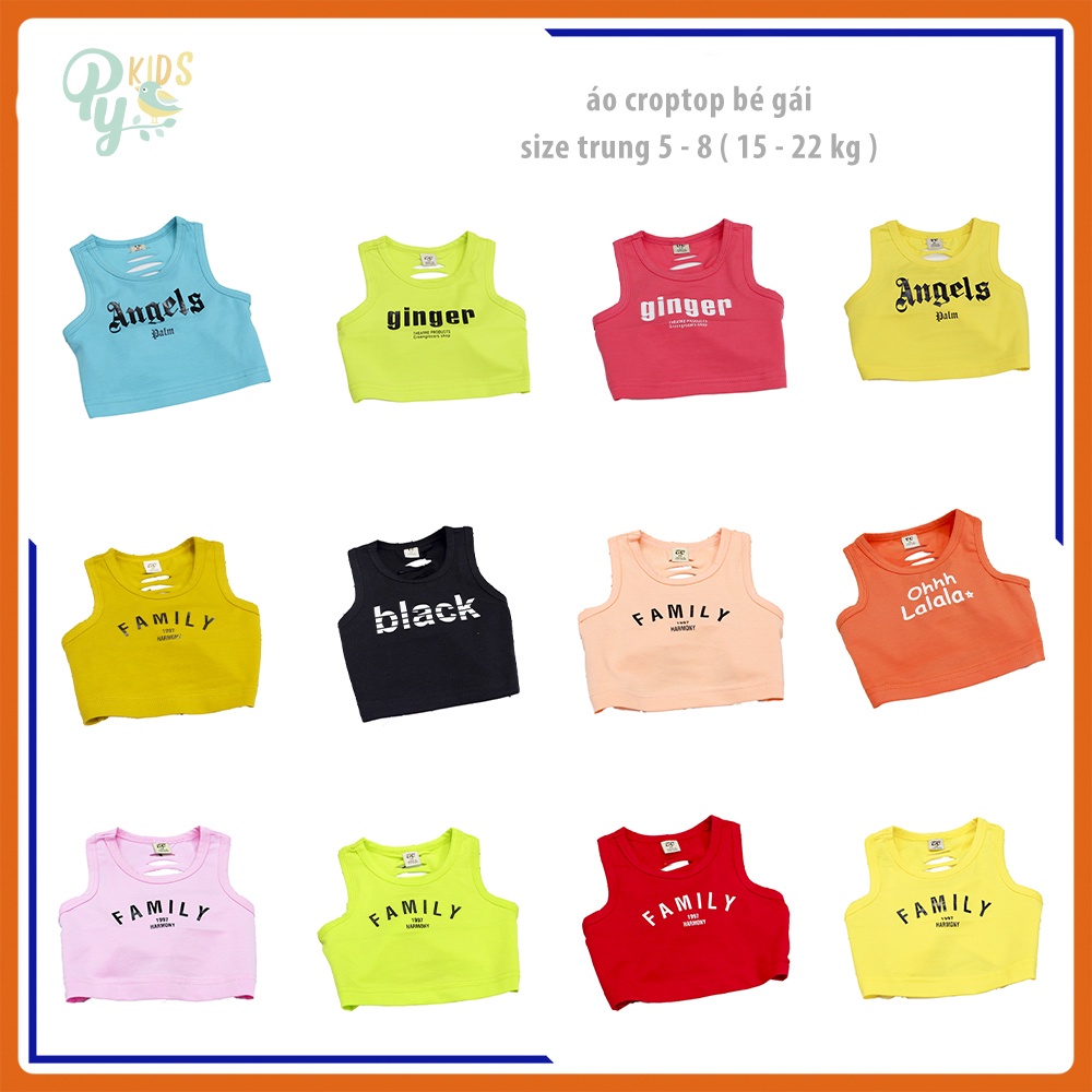 Áo croptop/ áo sát nách hở rốn bé gái từ 15-22kg, in chữ hở lưng mẫu mới 2021