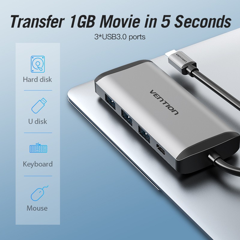 Vention Hub Chuyển Đổi Từ Type-C Sang 4k Hdmi Rj45 Vga Usb 3.0 Hub Cho Macbook Pro Huawei Mate 30 Usb-C 3.1