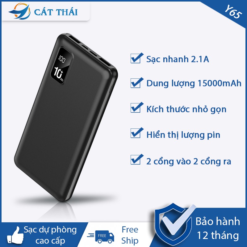 Pin sạc dự phòng Cát Thái Y65 dung lượng 15000mAh hỗ trợ sạc nhanh tốc độ 2.1A 2 cổng ra USB 2 cổng sạc vào Micro/Type-C