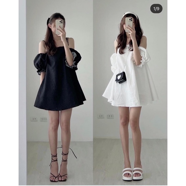 [Ảnh thật/Video]Váy trễ vai xốp sần Súuu MỚI tay rời mặc được hai kiểu Đầm trễ vai hai lớp sang chảnh