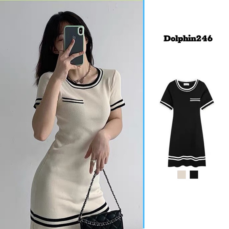 Váy body len nữ đầm dệt kim dáng ôm tay ngắn cổ tròn đen trắng phong cách Hàn Quốc hàng thiết kế Quảng Châu S4T2-2