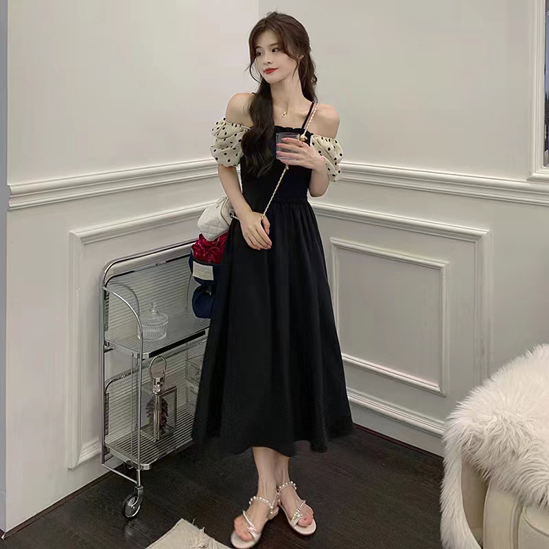 Đầm PERTY dáng dài tay ngắn phồng họa tiết chấm bi phong cách Hàn Quốc mới thời trang mùa hè dành cho nữ