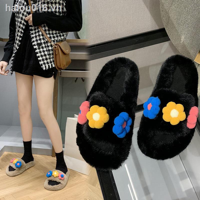 Đôi dép bông đi trong nhà đế bằng đính hoa thời trang mùa đông 2020 cho nữ