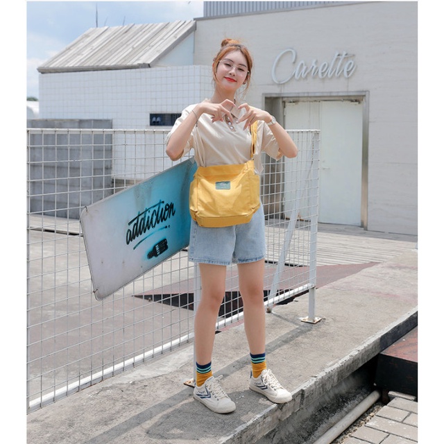 Túi tote đeo chéo đi học có khóa kéo vải canvas phong cách ULZZANG đựng vừa sách vở