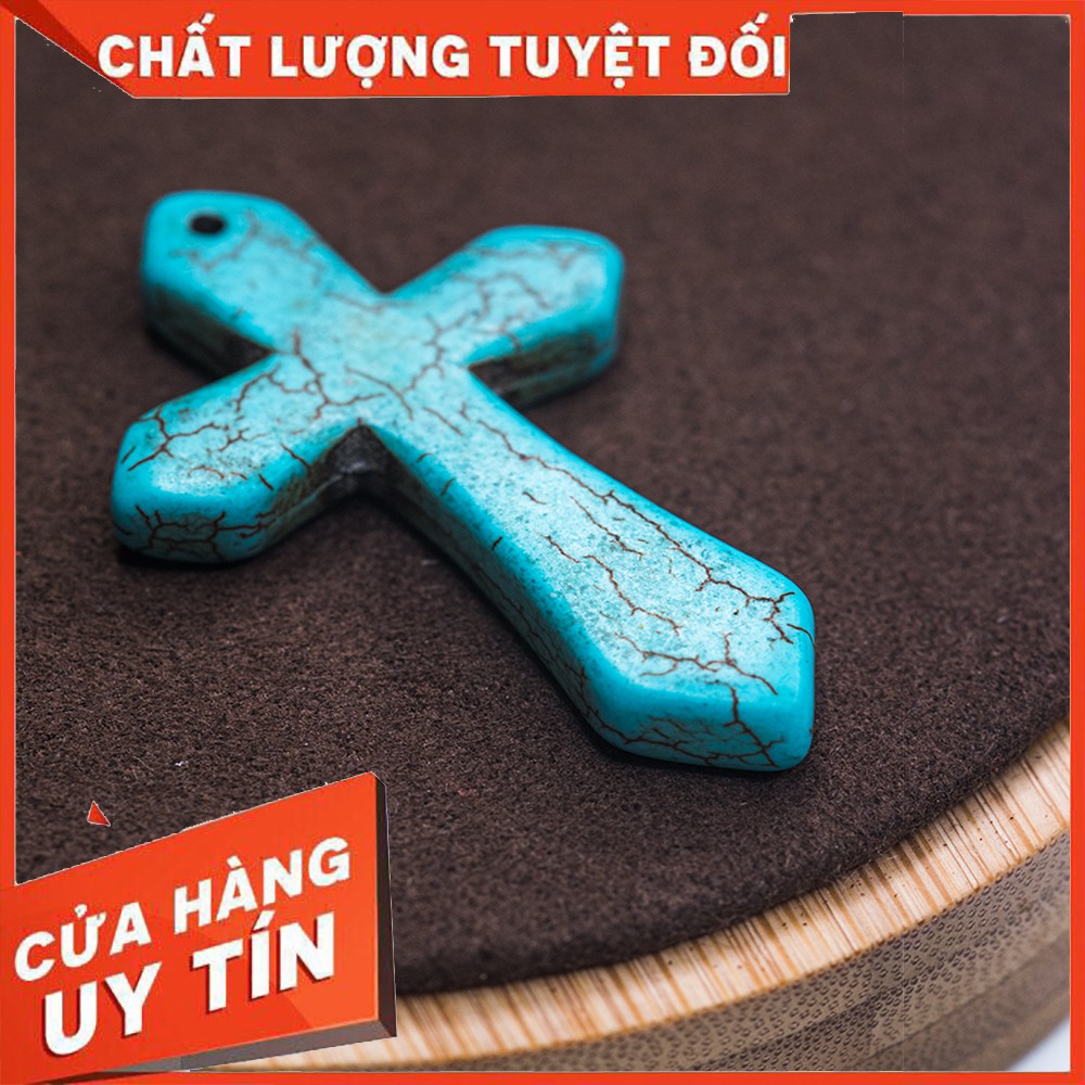 Mặt dây chuyền thánh giá Turquoise xanh ngọc và trắng vân rạn