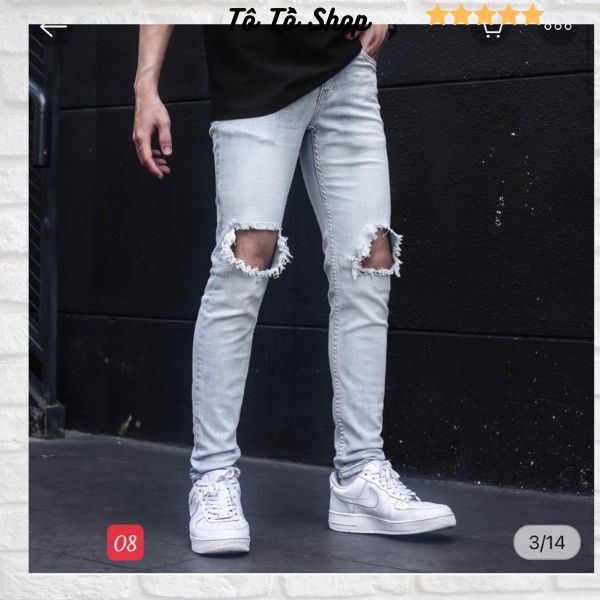 Quần Jean Nam co giãn màu xanh phối rách cá tính, Quần bò nam cao cấp chất jean mịn sịn thời trang Tô Tồ Shop - MQ08