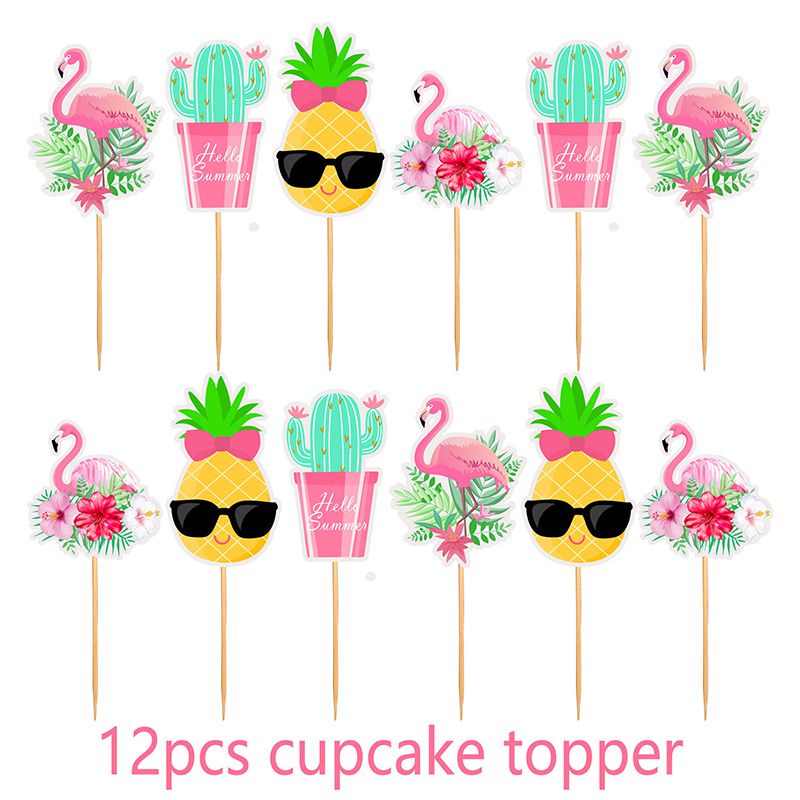 Hawaiian Theme Birthday Party Decoration  Flamingo Cactus Pineapple Coconut Banner Cake Balloon