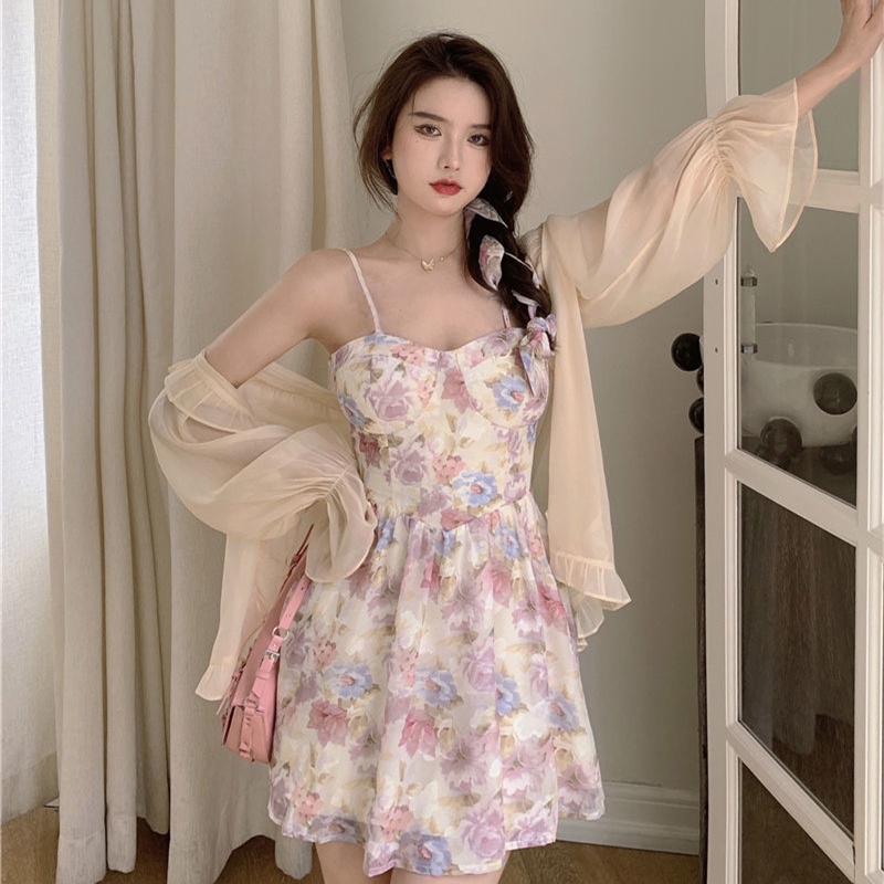 Áo khoác chống nắng/ Đầm hai dây Perty họa tiết hoa phong cách hàn quốc thanh lịch cho nữ