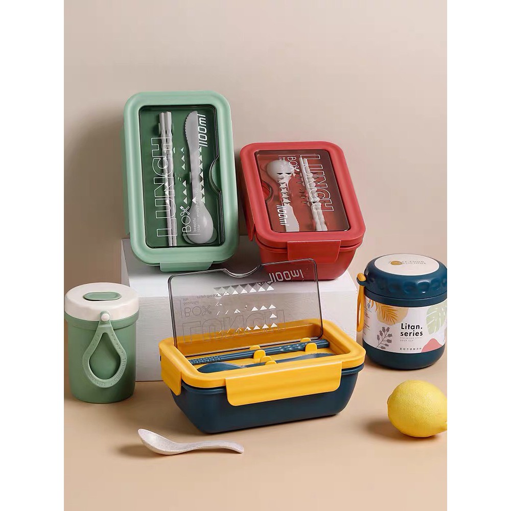 Hộp cơm văn phòng giữ nhiệt 2 ngăn Lunch Box 1100ml tặng kèm đũa thìa lúa mạch | BigBuy360 - bigbuy360.vn