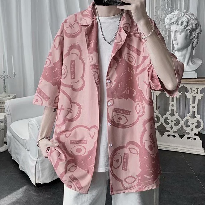 Áo sơ mi nam tay ngắn in hình gấu cá tính Simple Fashion unisex bigsize áo thun có cổ Hàn Quốc from rộng  lụa áo sơ mi nam ngắn tay