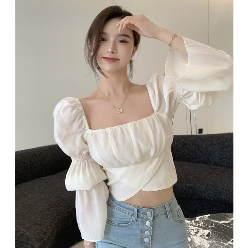 Áo Croptop Tay Loe Dài Phối Nơ Thiết Kế Hợp Thời Trang