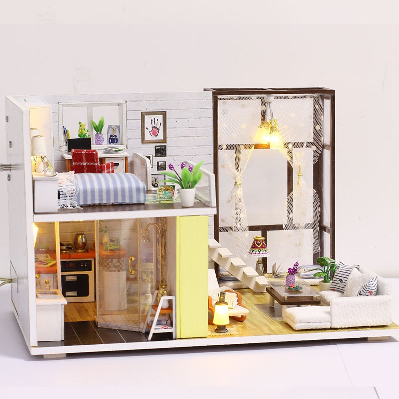 Mô hình nhà DIY Doll House Contracted City Kèm Mica chống bụi, Bộ dụng cụ và Keo dán