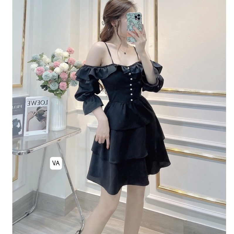 Váy Tơ Thiết Kế Bệt Vai Ba Tầng Một Màu Kiểu Dáng Hàn Quốc Cao Cấp | BigBuy360 - bigbuy360.vn