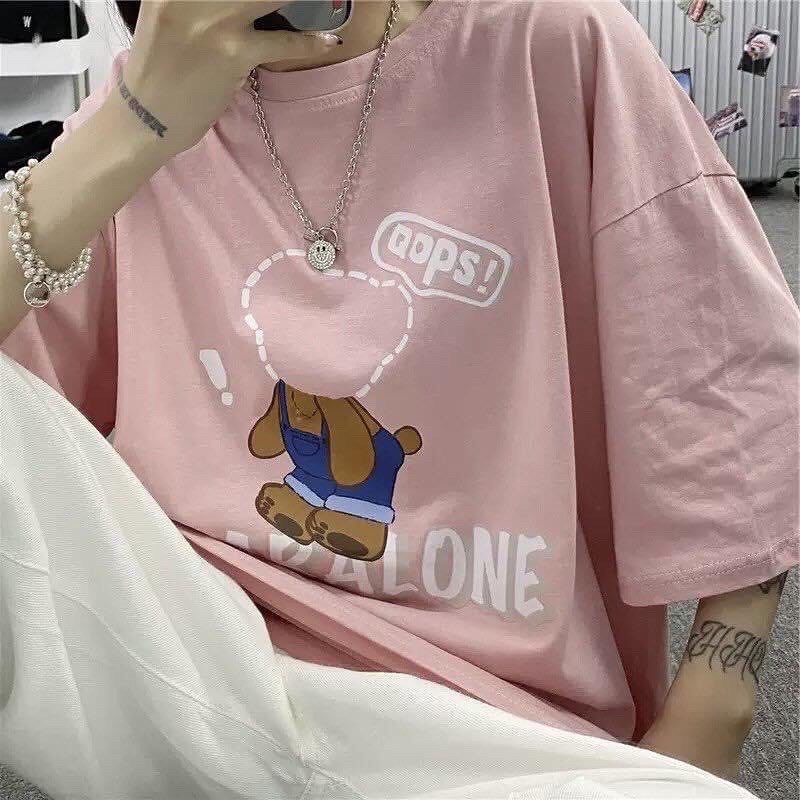 [Bán sỉ] Áo thun cotton tay lỡ dáng rộng unisex freesize 38-65kg - gấu nét đứt